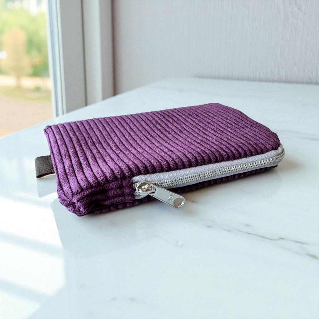 Das Foto zeigt eine handgemachte Minibörse mit Reißverschluss aus Cord in der Farbe Lila.